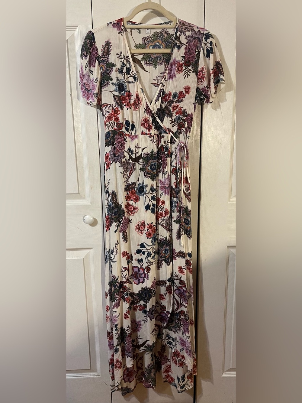 Patrons Of Peace Floral Print Maxi Dress Hi/Lo Hemline Short Flutter Sleeves XS - Picture 3 of 6